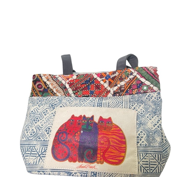 Laurel Burch Colorful Cat shopper Pattern Tote canvas bag with zipper - Picture 1 of 9